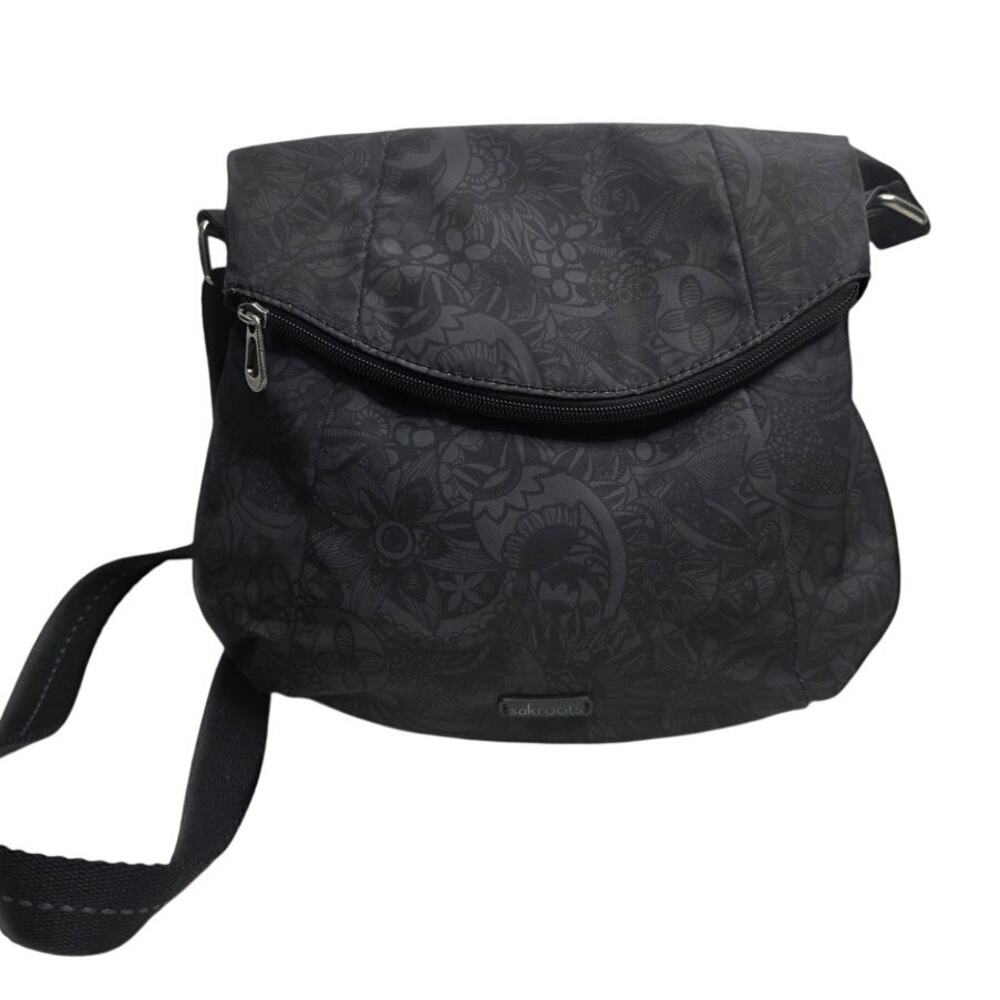 Sakroots Foldover Crossbody Bag Black Floral Boho Hippie Shoulder Purse